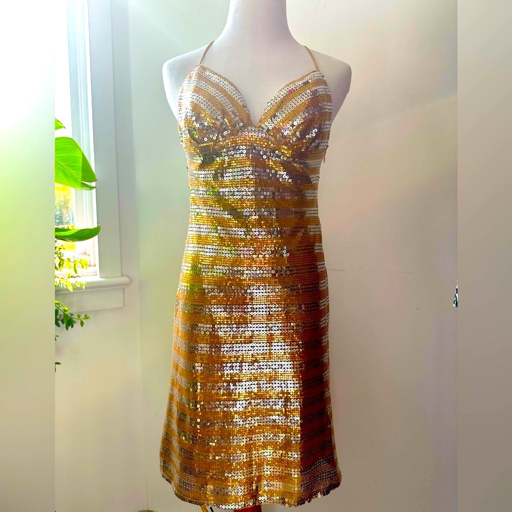 Faviana Couture Gold Sequins Cocktail Dress- Size 2